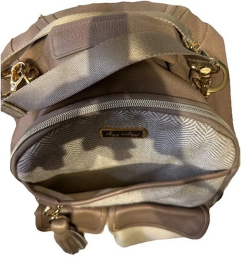 Itzy Ritzy Taupe Cream Faux Leather Chevron Diaper Backpack Bag with Pockets